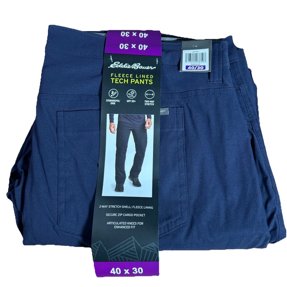 Eddie Bauer Men's 40x30 Dark Blue Fleece Lined Tech Pants Stretch Outdoor Hiking